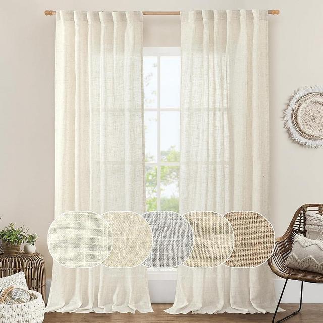 LAMIT Ivory Linen Curtains 90 Inches Long for Living Room, Back Tab and Rod Pocket Linen Textured Nautral Curtains Light Filtering Boho Neutral Curtains for Bedroom/Dining Room, Set of 2, 52 x 90 Inch