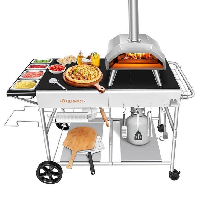 GRILL FORCE Pizza Oven Table with Pizza Topping Station,Movable Pizza Oven Stand,Pizza Oven Cart,Outdoor Grill Table Cart,Food Prep Work Cart,Fit for Ooni Koda,Karu,Fyra,Ninja Woodfire,Blackstone
