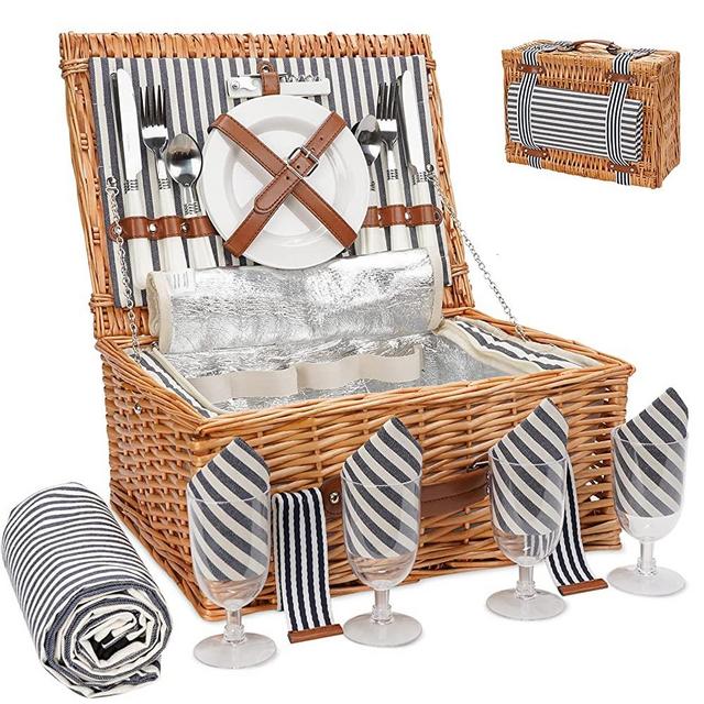 Wicker Picnic Basket for 4 with Large Insulated Cooler Compartment and Waterproof Picnic Blanket, Cutlery Service Kits, Wicker Picnic Hamper for Camping, Valentine Day,Thanks Giving,Birthday(Grey)