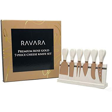 Ravara Cheese Knife Set, 7-Pieces (4 Knives, Spreader, Cheese Fork, and Marble Stand), Rose Gold Premium Quality Cheese Knife Set Utensils – Rose Gold Stainless Steel, 100% Natural Marble Handles