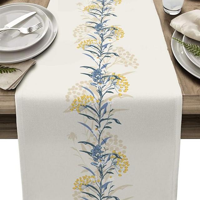 Summer Table Runner 70 Inches Long Spring Flower Wild Leaves Seasonal Runner for Tables Dining Room Blue White Yellow Floral Holiday Dinner Runner Party Table Decoration