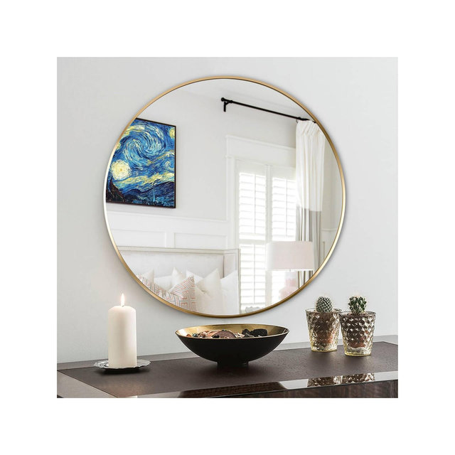 30" Modern Brushed Gold Round Wall Mirror, Metal Circle Decorative Accent Mirror for Living Room, Bathroom, Fireplace - Panipeachy