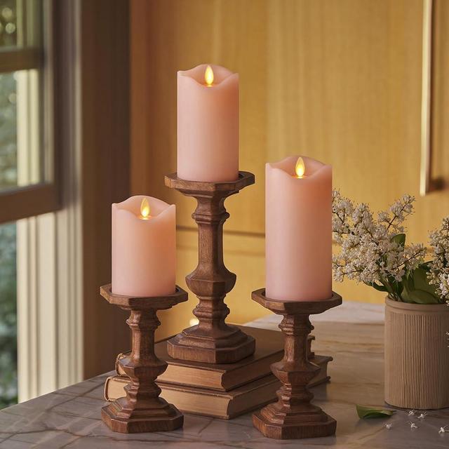 Matchless Candle Co. by Luminara Set of 3 (3" x 4.5",5.5",6.5") Flameless LED Flickering Battery Candle Moving Flame Pillar, Melted Edge, Real Wax Smooth Finish (Pastel Pink)