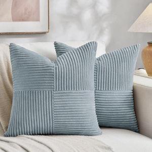 Fancy Homi Set of 2 Light Blue Samll Decorative Throw Pillow Covers 18x18 Inch with for Couch Bed Sofa Living Room, Soft Cross Patchwork Striped Corduroy Coastal Blue Square Cushion Case 45x45 cm