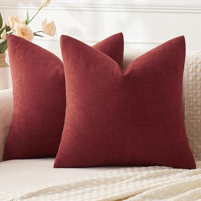 MIULEE Wine Red Couch Pillow Covers 18x18 Inch, Set of 2 Soft Chenille Decorative Square Throw Pillow Covers Farmhouse for Sofa Living Room Bed