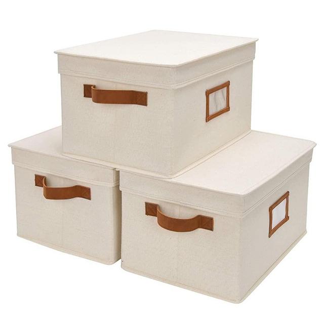 StorageWorks Decorative Storage Baskets for Shelves, Closet Storage Bins with Lids and PU Handles, Hand Wash, Canvas, Ivory White, Large, 3-Pack