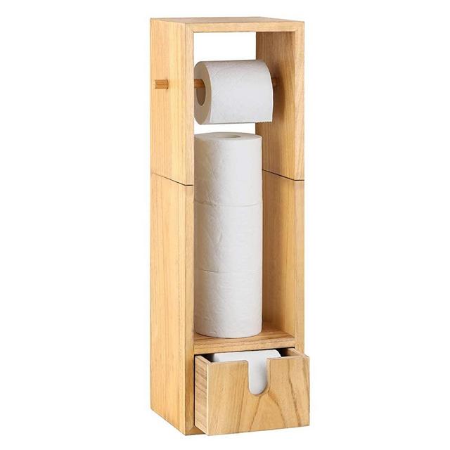 Toilet Paper Holder Wood Roll Tissue Stand Organizer, Bathroom Freestanding Mega Roll Dispenser, Toilet Tissue Paper Holder with Storage Drawer Natural