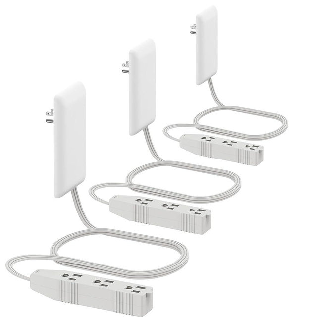 LIDER Flat-Face Outlet Extender with 3 Receptacles, Ultra-Thin Wall Plate Plug with Cord Extender and 3-Outlet Power Strip, 3ft Cord, LWE3-315-W3P, ETL-Listed, White, 3 Pack