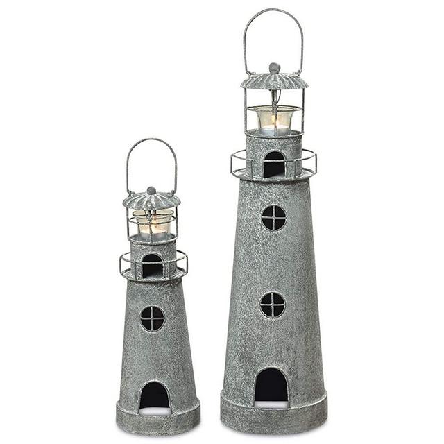 WHW Whole House Worlds Rustic Cape Cod Style Americana Lighthouse Tea Light Holders, Set of 2, 14 1/4 and 21 1/4 Inches Tall