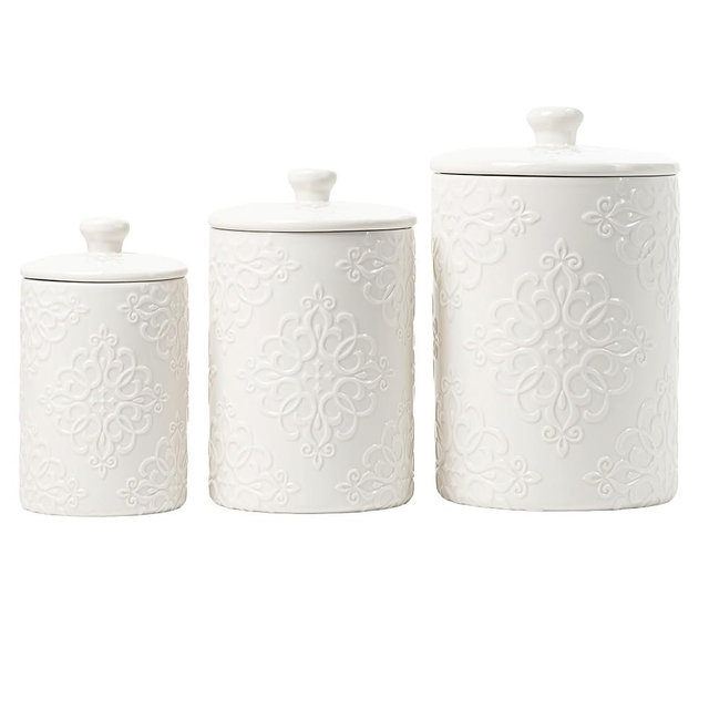 10 Strawberry Street Embossed Ceramic Kitchen Canister Set, Set of 3, Stamp White