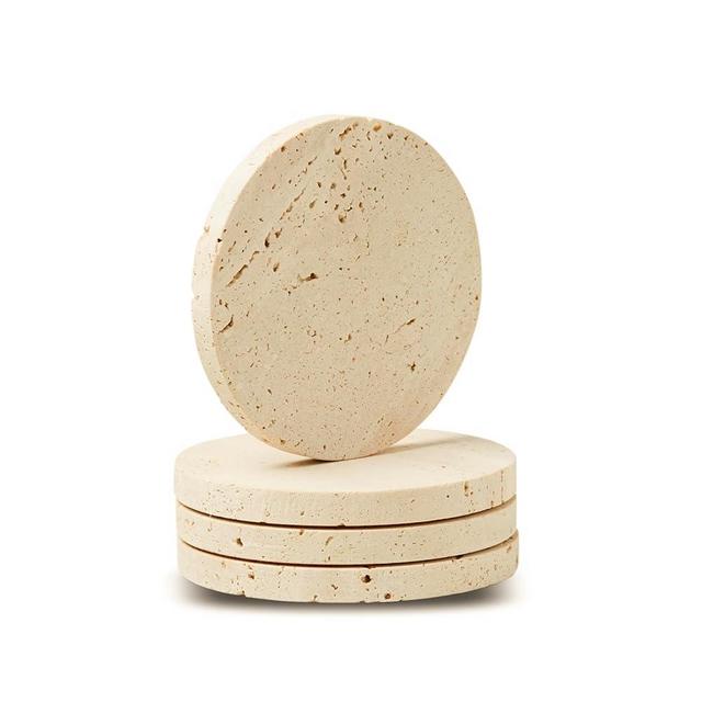 Marble Coasters – Set of 4 –Beige Travertine Bar Coasters for Drinks, Coffee –Stone Holder for Home Décor, Housewarming Gifts (Round)