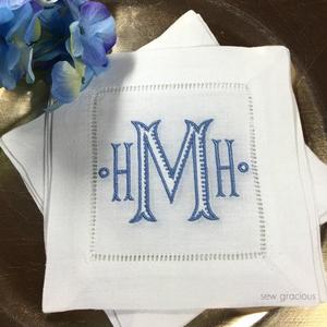 Chinoiserie MONOGRAM Cocktail Napkins. Wedding Gift. White Linen Hemstitch. BAROQUE Font. Housewarming Hostess Gift. Bar Cart Decor.