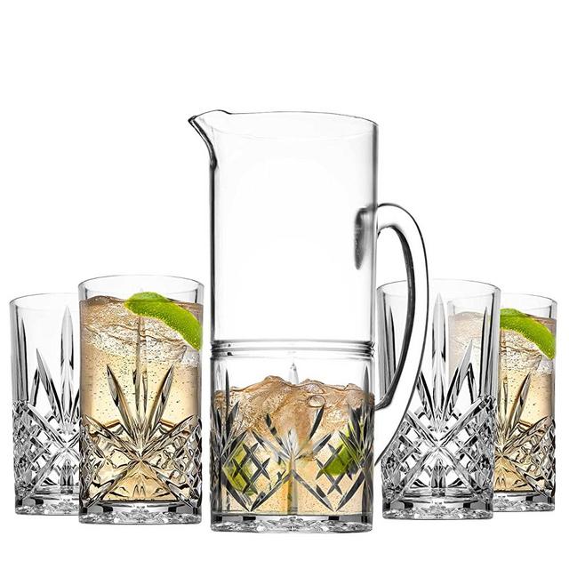 Godinger Pitcher and Highball Drinking Glasses Set, Acrylic Shatterproof Water Jug Pitcher with Tall Drinking Cups - Dublin Collection