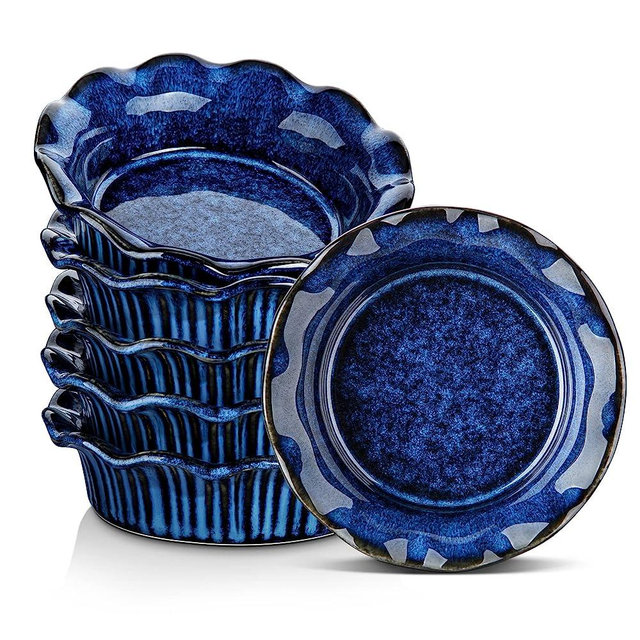 vancasso Stern Pie Pan, 5.5 inch - 9 Ounce Mini Pie Pans Set of 6, Ceramic Pie Dish Pie Plate for Baking, Small Pie Plates with Corrugated Edge, Easy to Clean, Dishwasher & Microwave & Oven Safe Blue
