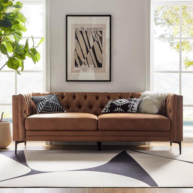 HULALA HOME 84" W Faux Leather Sofa Couch with Metal Legs, Button-Tufted 3-Seater Sofa, Mid Century Modern Upholstered Couch for Living Room, Entertainment Area, Apartment,Camel