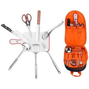 Camping Barbecue Cookware Set,Portable 7 Piece Outdoor Indoor Camping Bbq Cooking Utensils Sets Cutting Board, Paddle, Tongs, Scissors, Knife