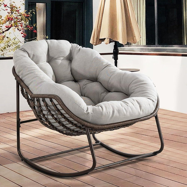 HOMEFUN Outdoor Patio Rocking Chairs, Oversized Papasan Rocking Chair Indoor with Padded Cushion - Rocker Egg Chair for Front Porch, Garden, Patio, Backyard Beige
