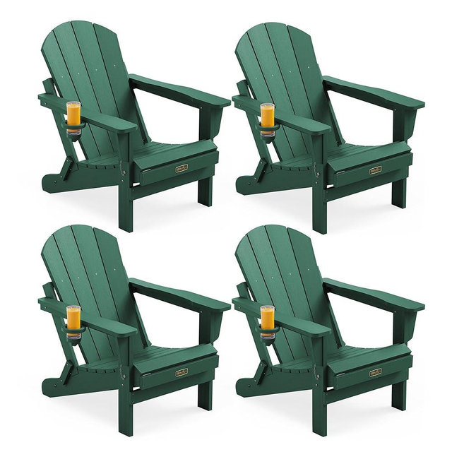 SERWALL Foldable Adirondack Chair Set of 4, Weather Resistant HIPS Patio Chairs with Cup Holder for Garden Outdoors Fire Pit Chairs-Green