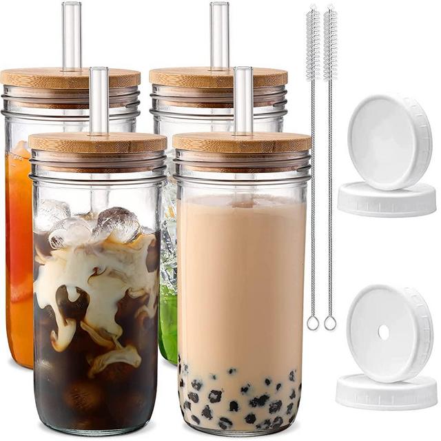 DWTS DANWEITESI Mason Jar with Lid and Straw, 24oz Glass Cups with Lid and Straws 【4 Pack】, Drinking Glasses-Wide Mouth Reusable Drinking Glasses- Iced Coffee Cups Glass with Lids,Vasos De Vidrio