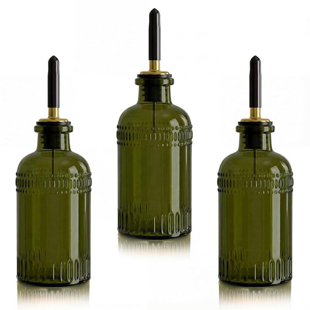 Yiyiring 3 Pack Olive Oil Dispenser 7oz, Olive Green Glass Bottle with Metal Spout and Lid, Elegant Kitchen Small Oil and Vinegar Cruet for Cooking, Salad, Baking