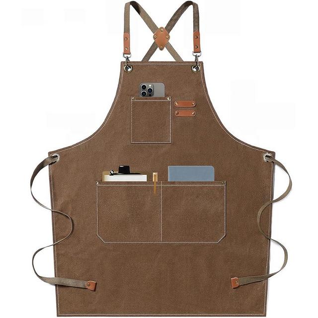 AFUN Chef Aprons for Men Women with Large Pockets, Cotton Canvas Cross Back Heavy Duty Adjustable Work Apron, Size M to XXL (Brown)