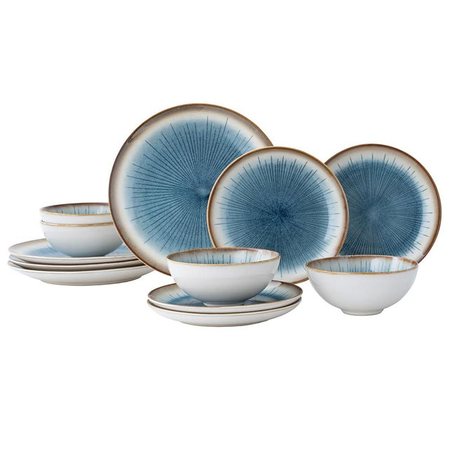 WHITEPEONY Blue Stoneware Dinnerware Set, 12 Pieces, Blue Stripe Marble, Dishwasher & Microwave Safe