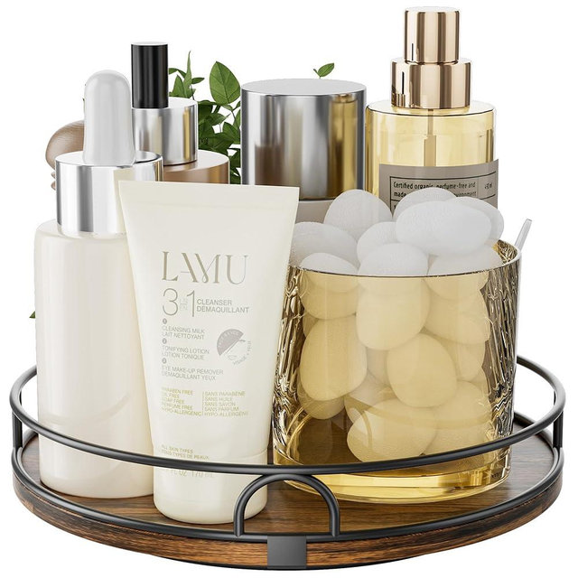 LAMU 10'' Lazy Susan Turntable Organizer for Table Top,Wooden Lazy Susan for Cabinet,Bathroom Vanity,Kitchen,Pantry,Spice Organization,Rotating Storage Tray for Table Decor