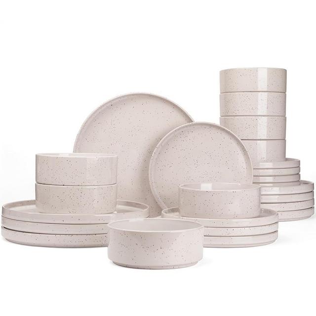 Famiware Nebula Plates and Bowls Set, 24 Pieces Dinnerware Sets, Dishes Set for 8, Creamy White with Colorful Speckles