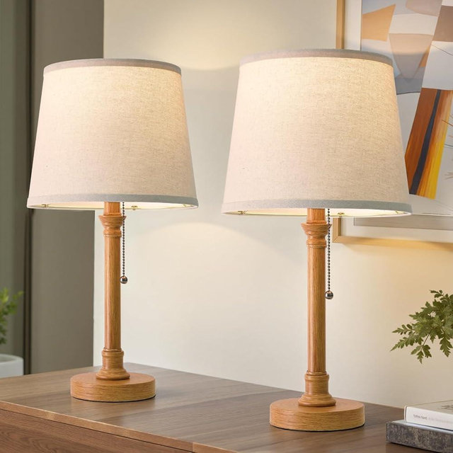Oneach 19.5" Wood Grain Table Lamps Set of 2, Pull Chain Switch Bedside Table Lamps, Modern Nightstand Lamp with Linen Shade, Small Desk Lamp for Living Room, Bedroom, Home Office, Nursery