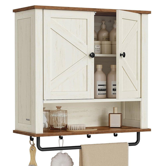 VASAGLE LIRY Collection - Bathroom Wall Cabinet, Farmhouse Wall-Mounted Medicine Storage Cabinet with 2 Barn Doors, Adjustable Shelf, Towel Bar, 7.9 x 23.6 x 28.7 Inches, Rustic White UBBK131W01S