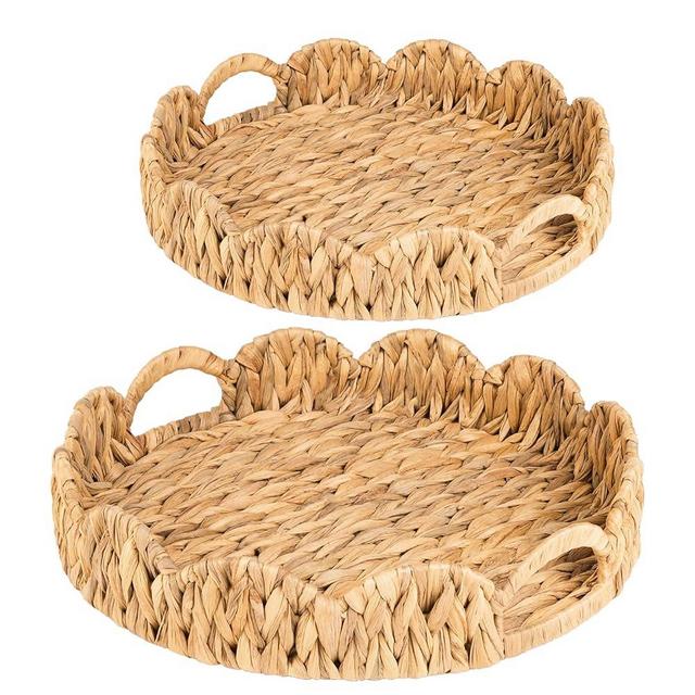 ATEDIR Round Serving Tray, 2-Pack Wicker Basket Tray with Handles, Rattan Woven Decorative Serving Tray, Natural Water Hyacinth Scalloped Tray for Home Decor and Desk Organizer Tray