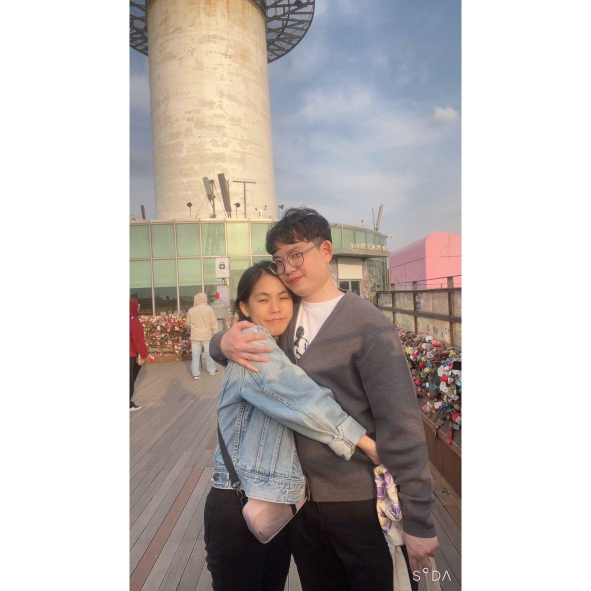 With Namsan Tower in the background, one of our few pictures together.