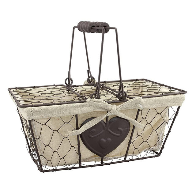 Stonebriar Farmhouse Metal Basket with Heart Details and Lid
