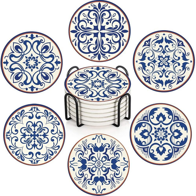 Bribay Coaster for Drinks Set of 6, Blue Vintage Spanish Ceramic Floral Absorbent Round Ceramic Stone Mat, with Cork Base and Metal Holder, Gift for Housewarming Room Bar Decor