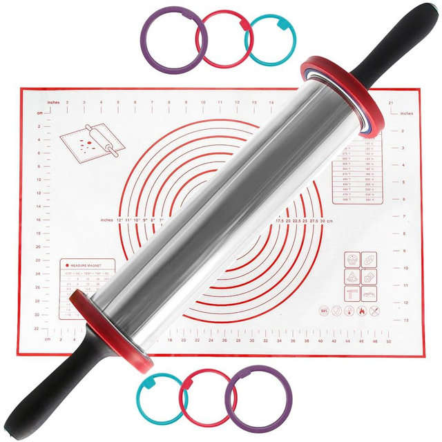 AGIgear Rolling Pins,Rolling Pin and Pastry Baking Mat Set,Adjustable Stainless Steel Rolling Pin with Thickness Rings for Baking Dough,Pizza,Pie,Pasta(Red Mat)
