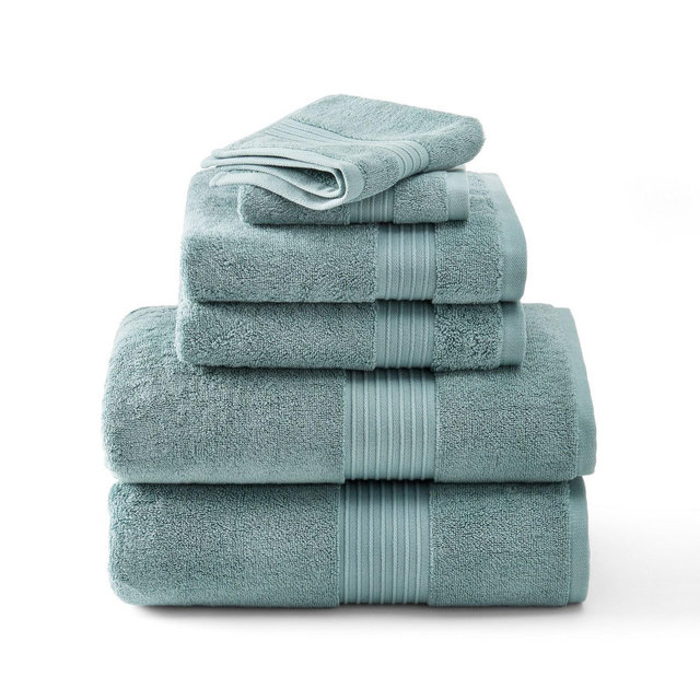 TOWN & COUNTRY EVERYDAY 6-Piece Assorted Solid Dobby Border, 2-Bath Towels, 2-Hand Towels, 2-Washcloths, 100% Cotton, 650GSM, Aqua Blue