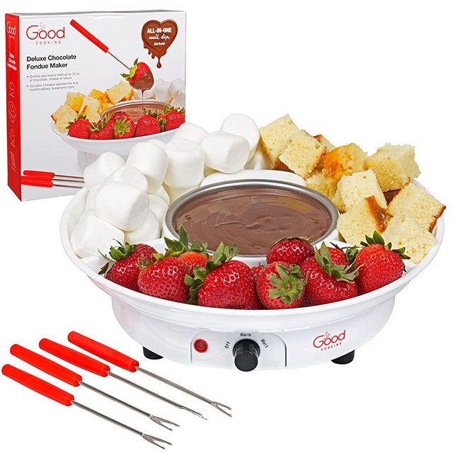 Chocolate Fondue Maker- Deluxe Electric Dessert Fountain Fondu Pot Set with 4 Forks and Party Serving Tray