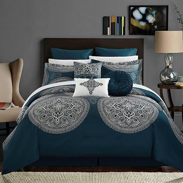 Chic Home CS2687-AN Chic Home 9 Piece Orchard Place Faux Silk Luxury Large Medalion Jacquard with Embroidery Details and Trims Queen Comforter Set Blue