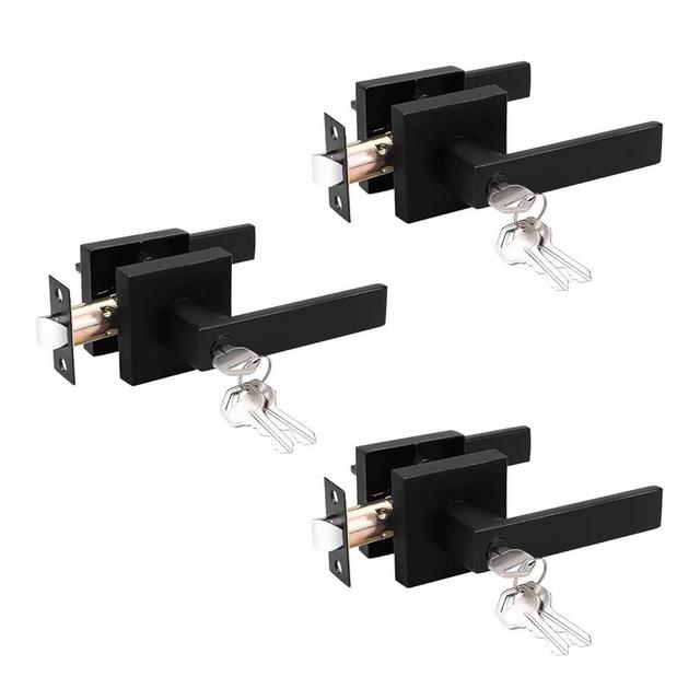 Probrico 3 Pack Entry Door Lever with Lock and Key,Entrance Door Handles for Office and Front Door,Matte Black Door Knobs Keyed Alike Same Key Lockset (Each with 3 Keys)