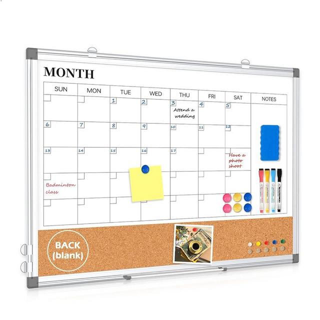 Monthly Calendar Whiteboard Dry Erase Cork Board Combo for Wall, 24" x 18" Magnetic Double-Sided Calendar White Board and Bulletin Board, Portable Board for Office, Kitchen, School, Home