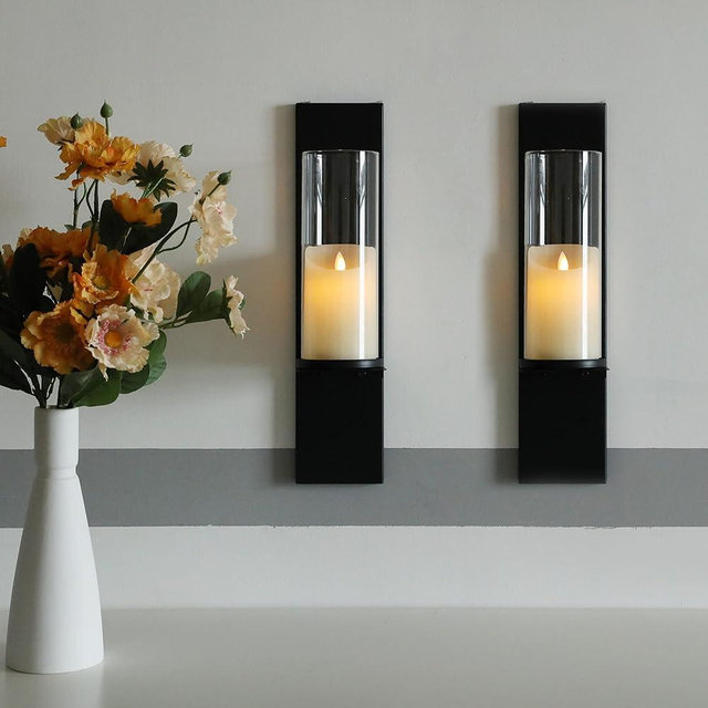 NIKKAPOETRY Metal and Glass Candle Sconces Set of 2 - Wall Candle Holder for Living Room Bedroom Dining Room Decorations, Black