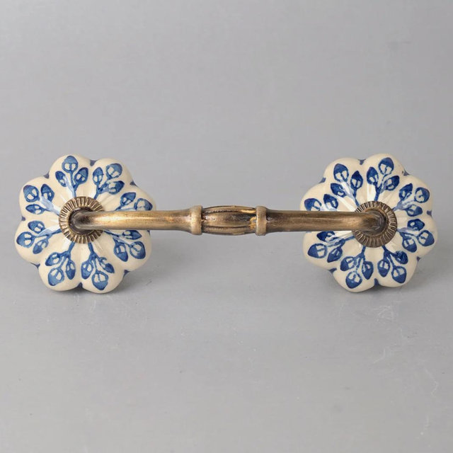 Blue Flower design On White Base Ceramic Door Pull