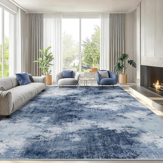 AMADA HOMEFURNISHING 9x12 Large Area Rug, Modern Abstract Living Room Rug with Non-Slip Backing & Short Pile, Washable Rug with Abstract Pattern for Living Room, Bedroom and Dinning Room, Dark Blue