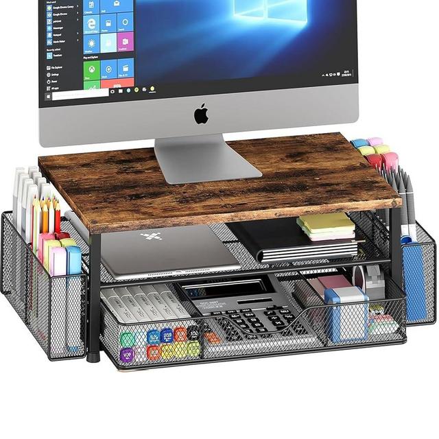 OPNICE Desk Organizers and Accessories, 2-Tier Computer Monitor Stand Riser with Drawer and 2 Pen Holders, Office Desk Accessories for Office Supplies, Brown