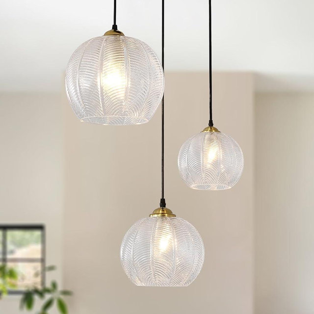 TESTOYS 3-Light Clear Glass Pendant Light, Globe Shade Hanging Chandelier, Hand Blown Glass Ball Pendant Light Fixtures for Kitchen Island, Staircase, Dining Room, Living Room, Bedroom
