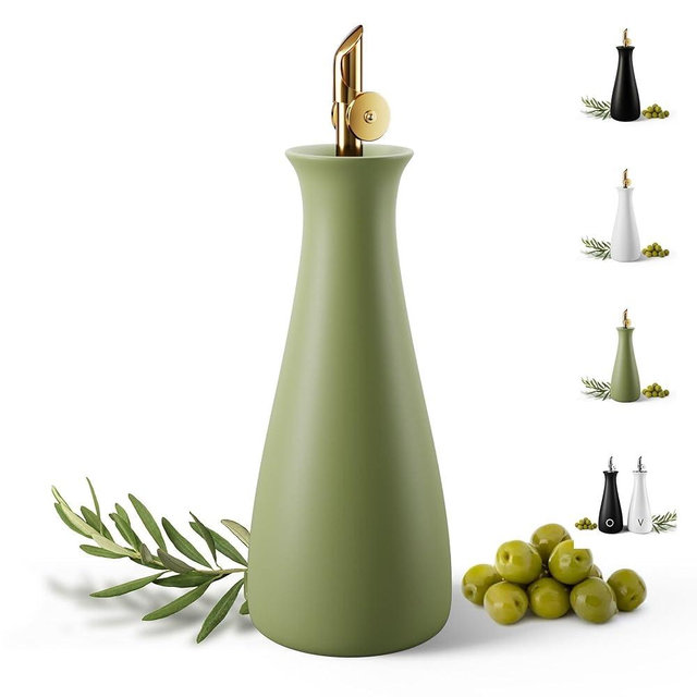 Ceramic Olive Oil Dispenser with Self-Closing Gold Spout - 530 ML Capacity Matte Green Ceramic Oil Dispenser for Kitchen - Leak Proof EVOO Dispensing Bottle - Stylish, Ergonomic, Durable, Easy Pour