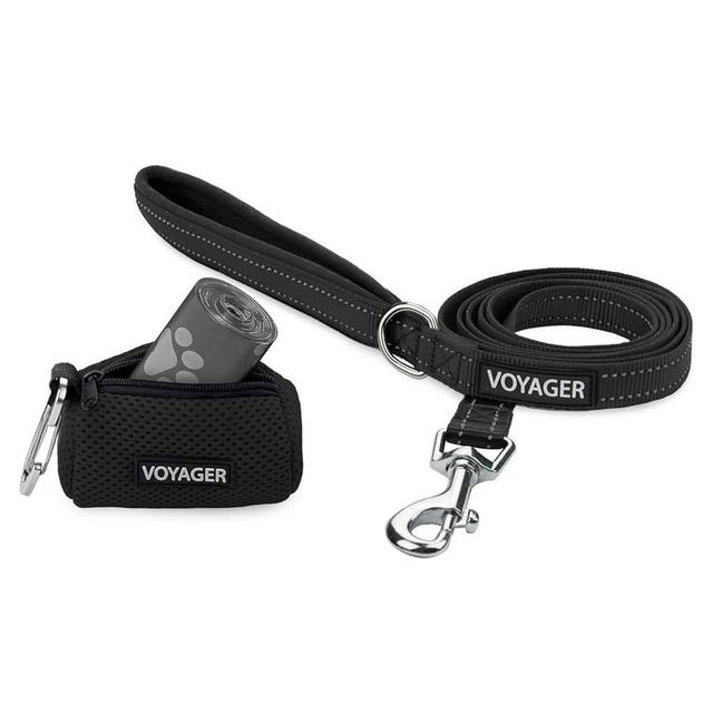 Voyager Reflective Dog Leash with Neoprene Handle, 5 FT. and Reusable Mesh Dispenser Poop Bag Holder Set for Travel, Walking, Park and Outdoor Use, Soft and Durable with Clip-On - Black