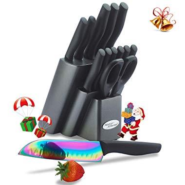 Marco Almond KYA25 Rainbow Titanium Knife Set, Kitchen Cutlery Knives Set with Wooden Block, Rainbow Effects with Titanium Coating, Chef Quality,Safety Perfect For Daily Use, Best Gift, 14 Piece Black