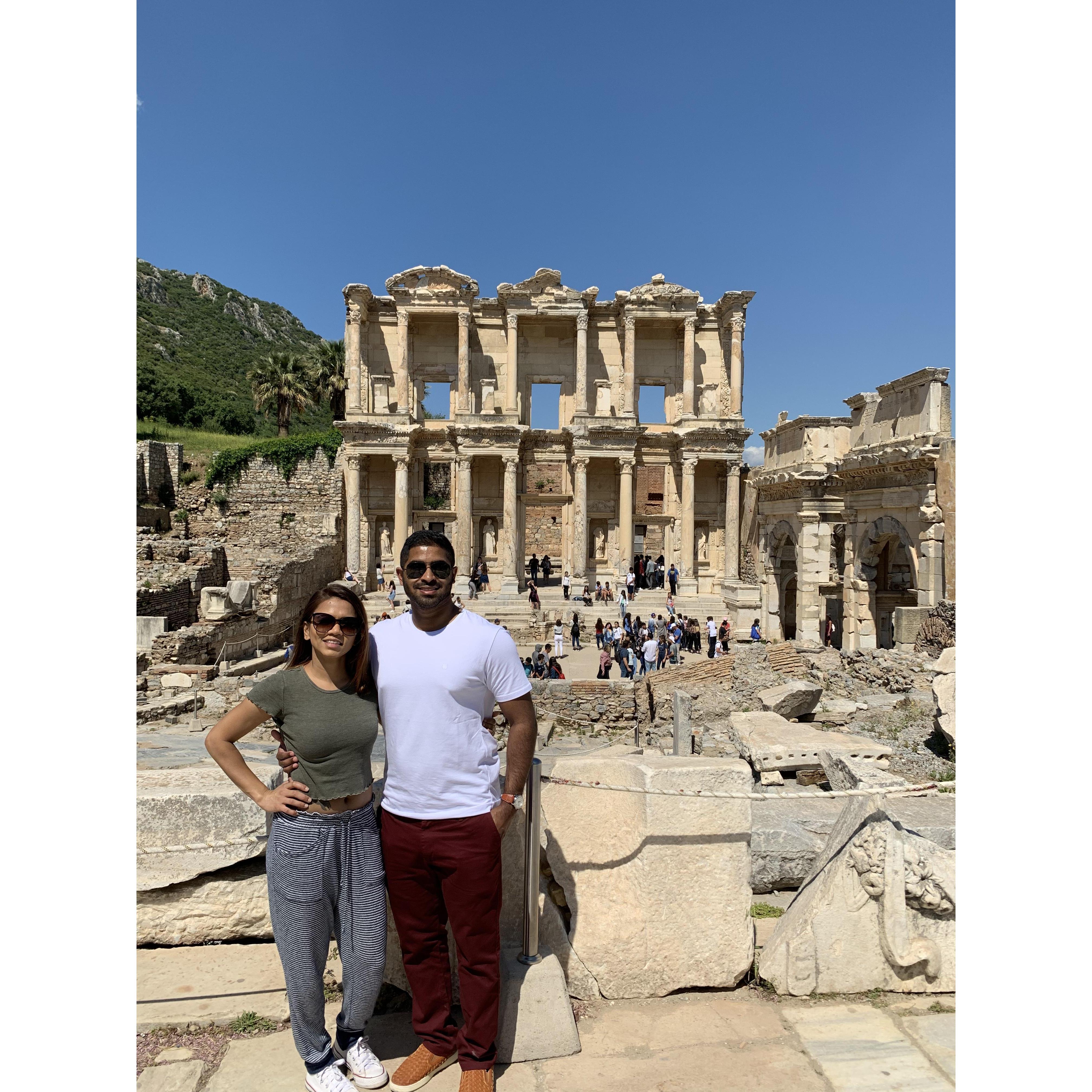 Ephesus, Turkey. Behind us is The Library of Celsius, who is buried in the crypt beneath the library.