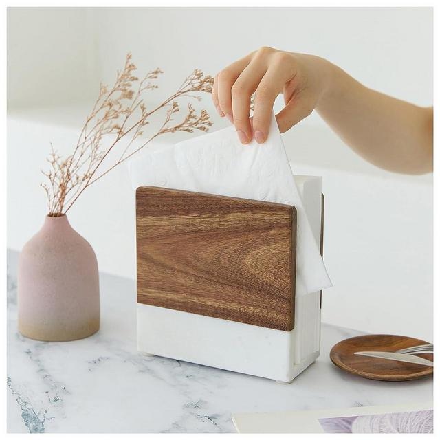 AuraHome Napkin Holder with Marble and Solid Acacia Wood for Dining Table in Modern Century Design Perfect fit for Vanity Fair Everyday Napkins